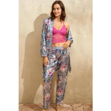 Saten Çiçek Baskılı Sabahlık Balensiz Desteksiz Dolgusuz Dantelli Bralet Sütyen Ve Pantolon Pijama 3lü Takım