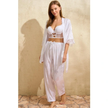 Saten Çiçek Desenli Dantelli Sabahlık Balenli Destekli Dolgulu Büstiyer Sütyen Ve Pantolon Pijama 3lü Takım