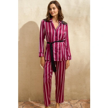 Saten Çizgili Düğmeli Uzun Kol Dantelli Gömlek Ve Pantolon Pijama Takım