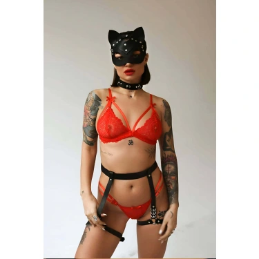 Seksi Deri Maske Tasma Ve Jartiyer Harness Takım - Brf783