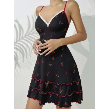 Siyah Kiraz Baskılı  Akılı Gecelik 5110