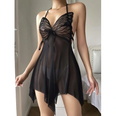 Siyah Transparan Kelebek Detaylı Tül Fantezi Gecelik 2243