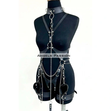 Tasma Ve Zincir Detaylı Şık Deri Harness, Deri Fantezi Giyim- Brf1225