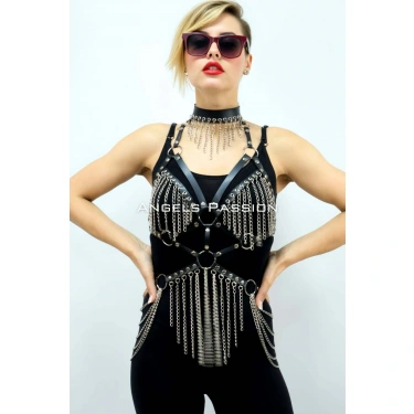 Zincirli Deri Harness, Deri Dansçı Kostüm, Choker Detaylı Deri Harness - Brf1397