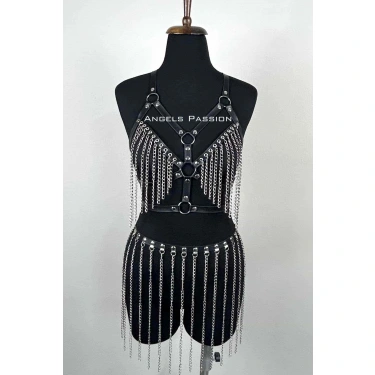 Zincirli Harness Takım, Deri Zincirli Etek Takım - Brf496