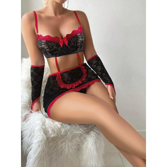 5 Parça Kırmızı Siyah Dantel Çiçek Desen Hizmetçi Model Özel Fantazi Tanga Hediyeli 3815