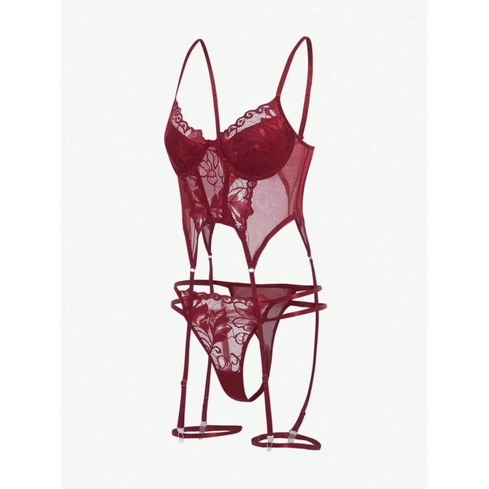Bordo Babydoll İç Giyim Seti Bustiyer  ,külot , Bacak Bantları