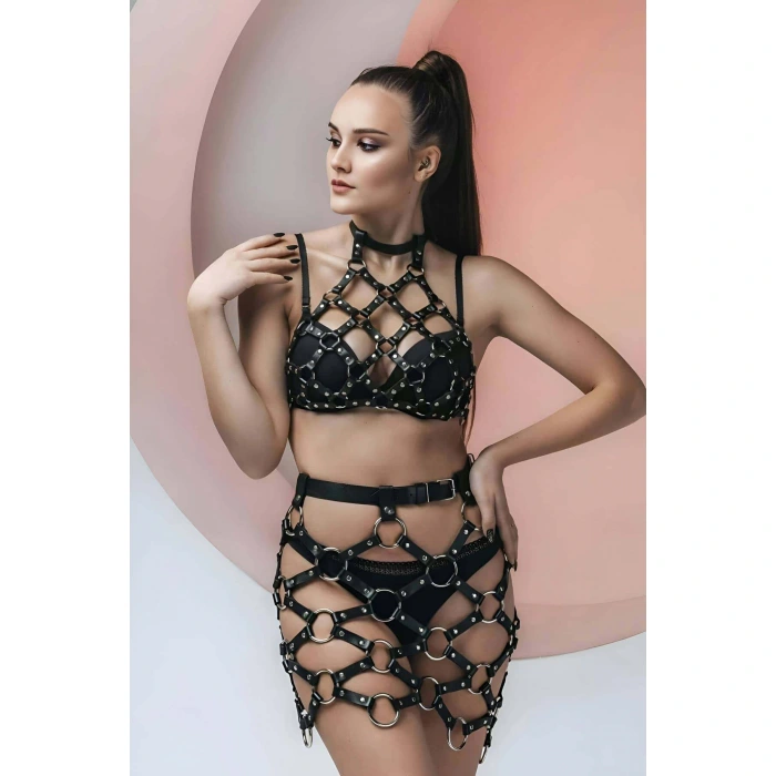Çapraz Bağlı Crop Ve Etek Deri Fantazi Takım - Brf1289