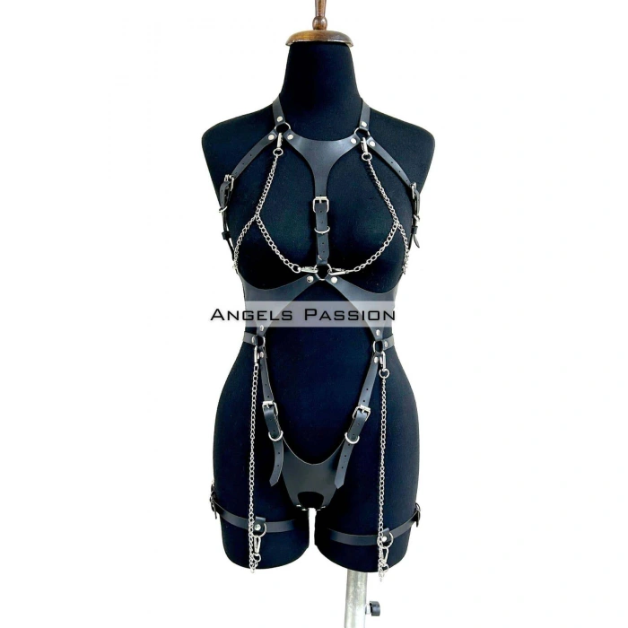Deri Body Harness, Zincir Ve Kelepçeli Fantezi İç Giyim - Brf1098