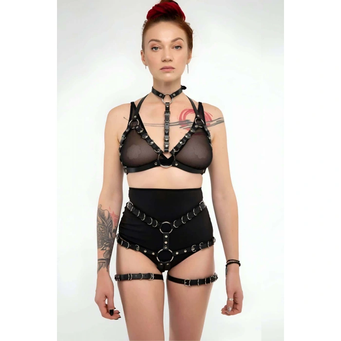 Deri Fantezi Giyim, Seksi Deri İç Giyim, Şık Deri Harness Takım - Brf874