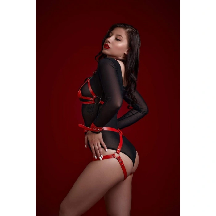 Fantezi Sütyen Külot Kelepçeli Kırmızı Harness Set
