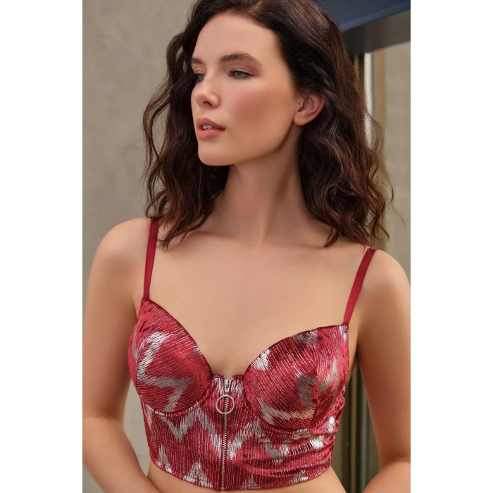 Kadife Balenli Destekli Dolgulu Parlak Baskılı Fermuar Detaylı Büstiyer Ve Pantolon Pijama Takım