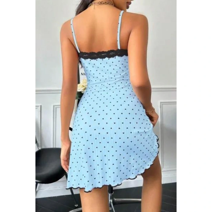 Kadın Bebe Mavisi Kalp Desenli Askılı Dantel Detaylı Elbise 5068