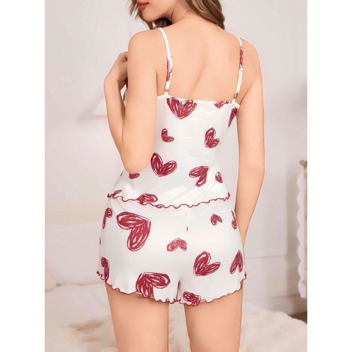 Kadın Beyaz Kalp Desenli Şortlu Gecelik Pijama Takımı 5052
