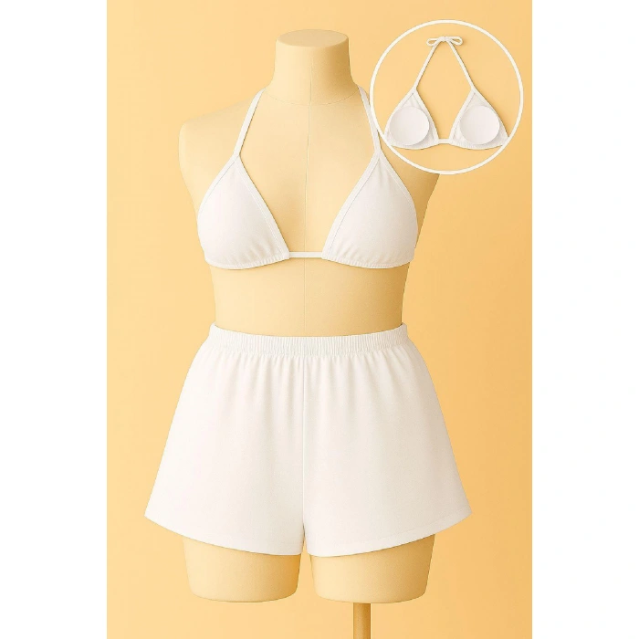 Kadın Beyaz Şortlu Belden Ve Boyundan Bağlamalı Bikini Takımı