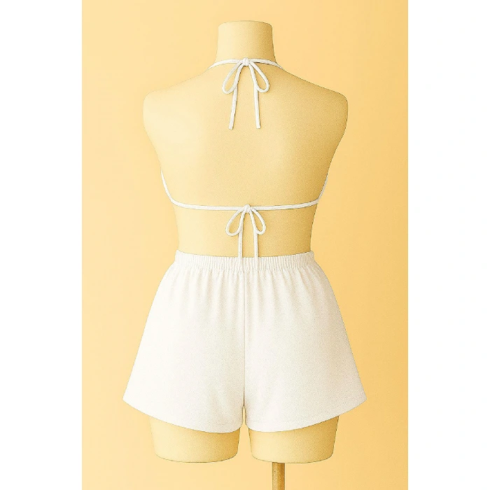 Kadın Beyaz Şortlu Belden Ve Boyundan Bağlamalı Bikini Takımı