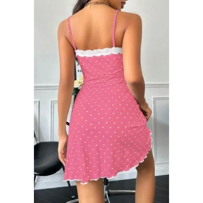 Kadın Fuşya Beyaz Kalp Desenli Askılı Dantel Detaylı Elbise 5069