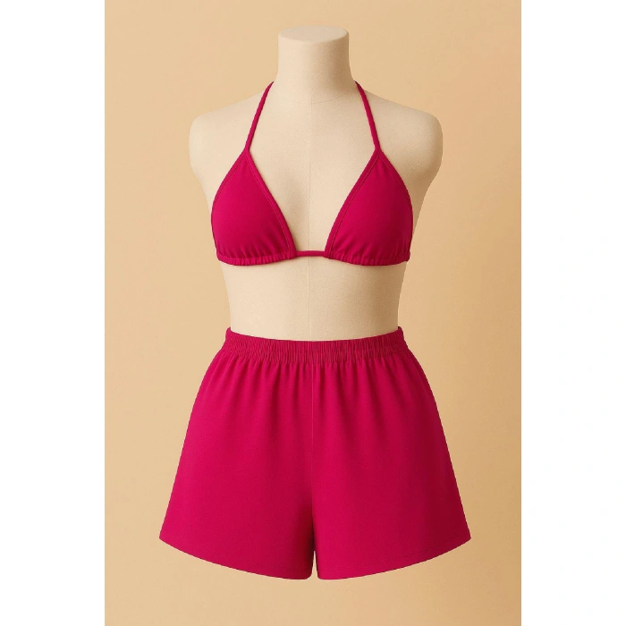 Kadın Fuşya Şortlu Belden Ve Boyundan Bağlamalı Bikini Takımı