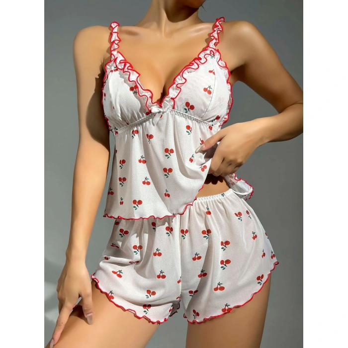 Kadın Kiraz Desenli Fırfırlı Şortlu Gecelik Takım 5101