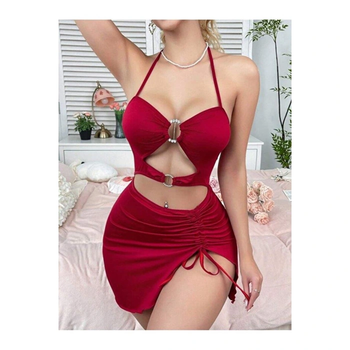 Kadın Kırmızı Fantezi Elbise Önden Büzgü Dekolteli 5082