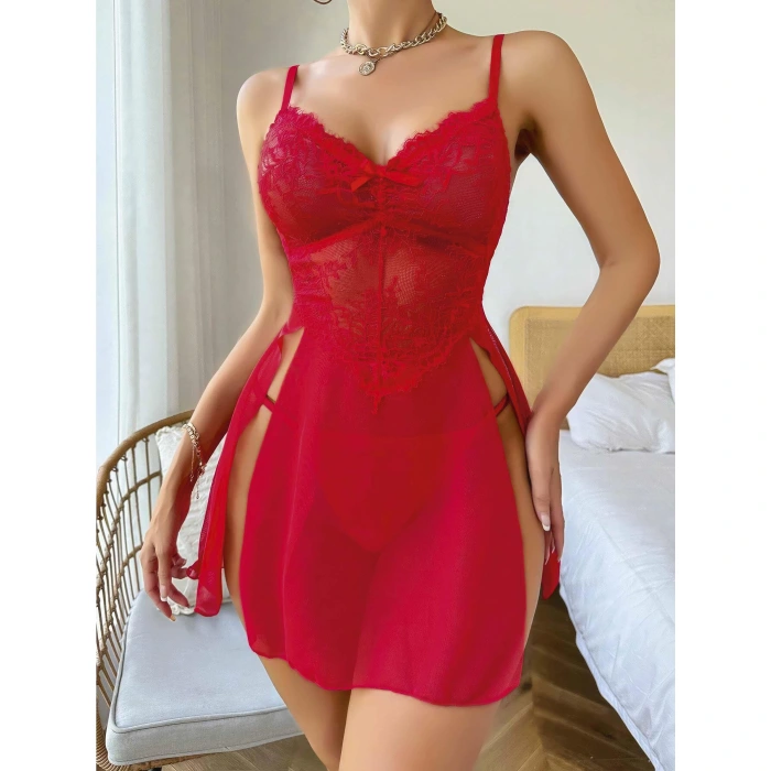 Kadın Kırmızı Fantezi Gecelik Tül Fiyonk Detaylı Yanları Dekolteli 2160