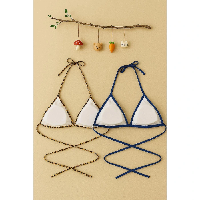 Kadın Leopar Desenli Ve Mavi Minimal Kesim Üçgen Bikini Üstü