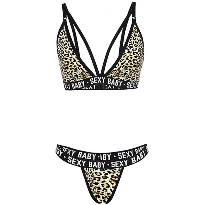 Kadın Leopar Desenli Yazı Detaylı Ipli Sütyen Takımı