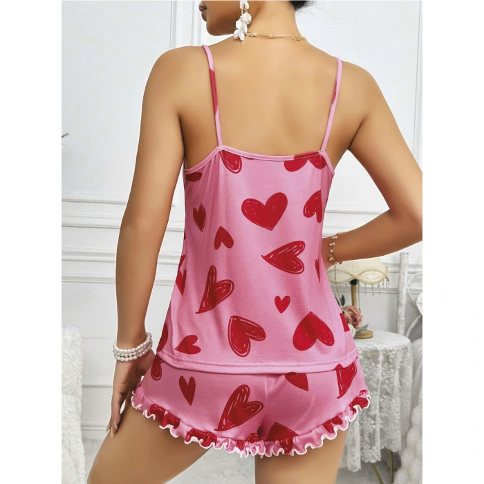 Kadın Pembe Kalp Baskılı Şortlu Gecelik Pijama Takımı 5050