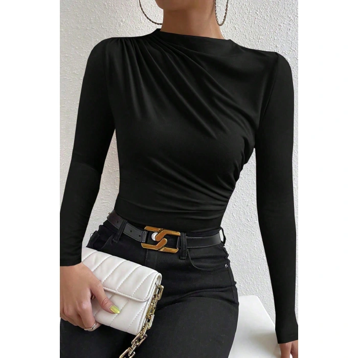 Kadın Siyah Belden Ve Boyundan Büzgü Detaylı Uzun Kollu Bluz