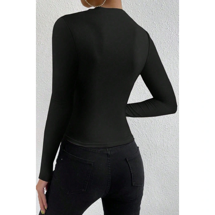 Kadın Siyah Belden Ve Boyundan Büzgü Detaylı Uzun Kollu Bluz