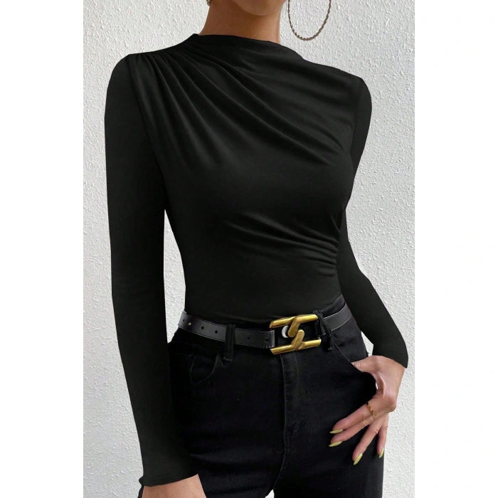 Kadın Siyah Belden Ve Boyundan Büzgü Detaylı Uzun Kollu Bluz