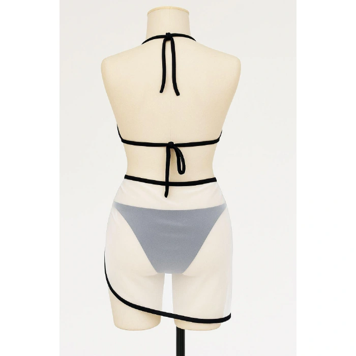 Kadın Siyah Beyaz Pareolu Yandan Ve Boyundan Bağlamalı 3lü Bikini Takımı