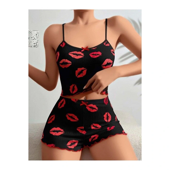 Kadın Siyah Dudak Desenli Şortlu Pijama Takımı 5057