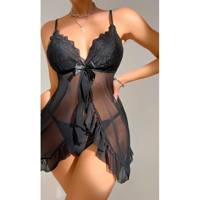 Kadın Siyah Fantezi Gecelik Tül Dantel Detaylı Fantezi Gecelik 2117