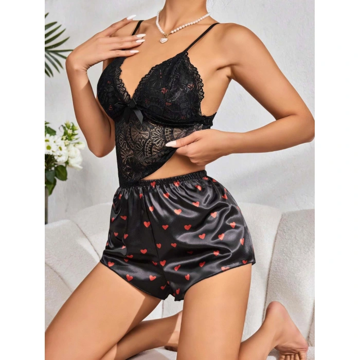 Kadın Siyah Kırmızı Kalp Desenli Saten Şort Pijama Takımı 2232
