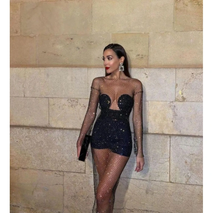 Kadın Siyah Kristal Taşlı File Elbise – Plaj Ve Gece Şıklığı İçin