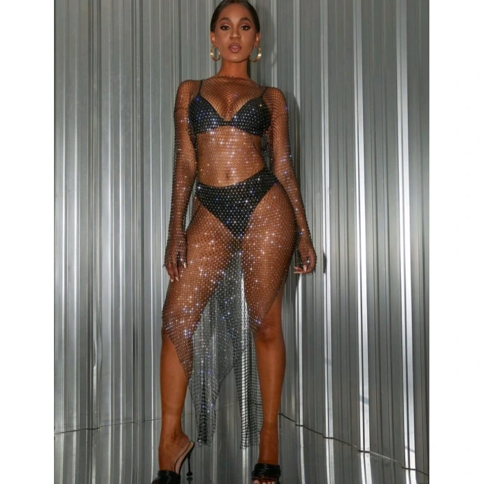 Kadın Siyah Kristal Taşlı File Elbise – Plaj Ve Gece Şıklığı İçin