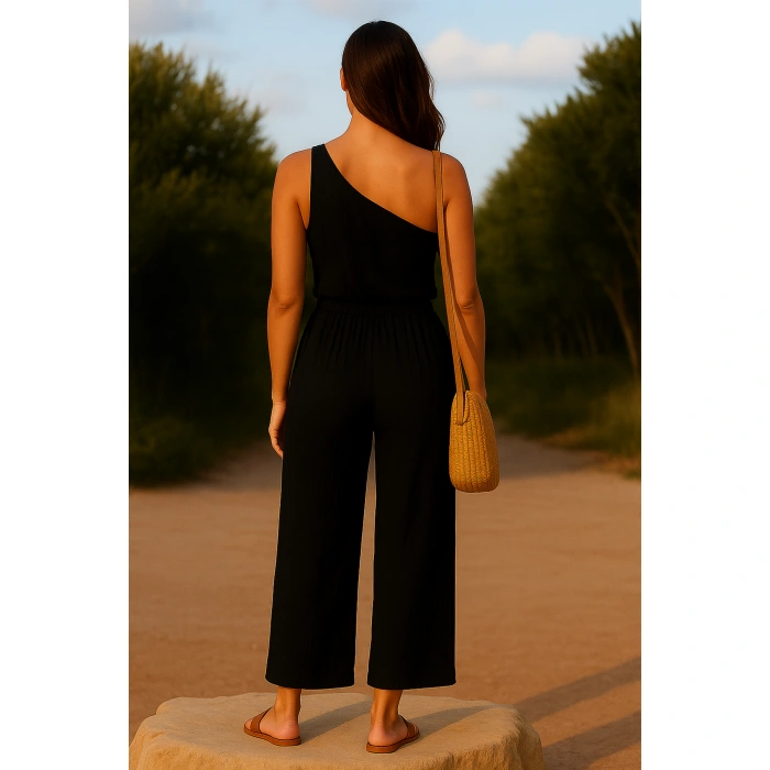 Kadın Siyah Tek Omuzlu Şık Bluz & Geniş Paça Pantolon İkili Takım