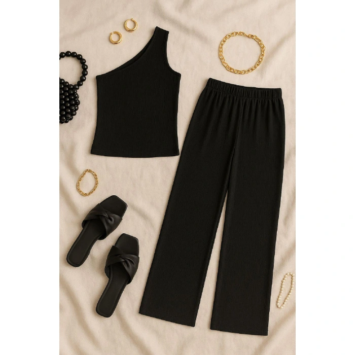 Kadın Siyah Tek Omuzlu Şık Bluz & Geniş Paça Pantolon İkili Takım