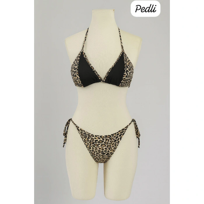 Kadın Siyah Ve Leopar Detaylı Yandan Bağlamalı Bikini Takımı