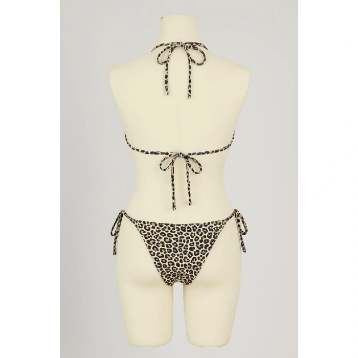 Kadın Siyah Ve Leopar Detaylı Yandan Bağlamalı Bikini Takımı