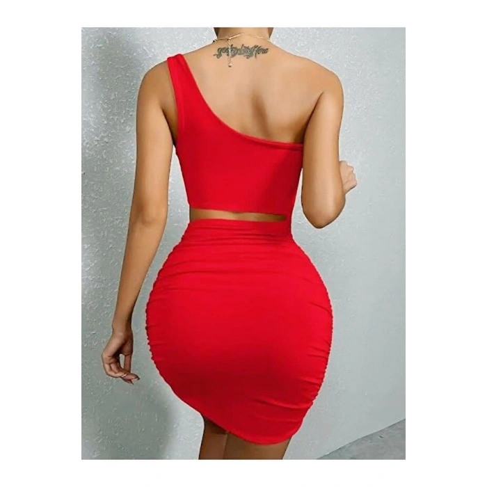 Kadın Tek Omuz Kesim Detaylı Büzgülü Fantezi Elbise 5078