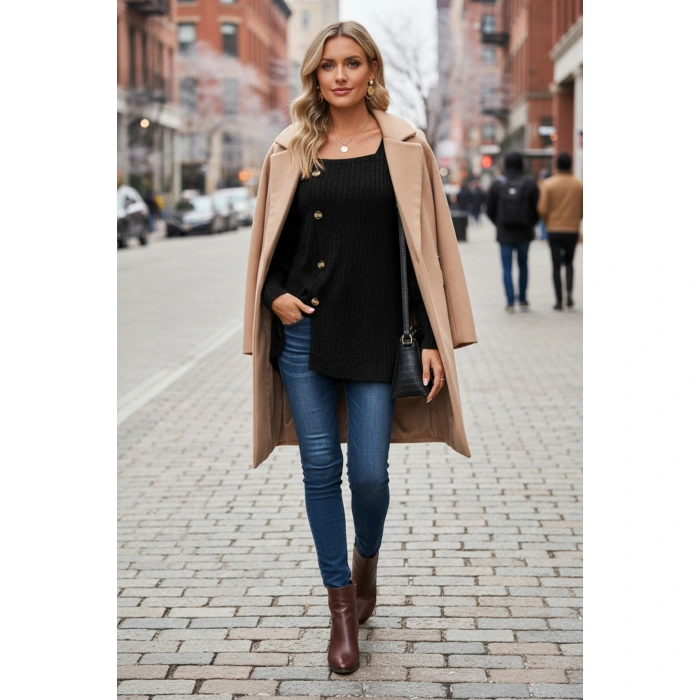 Kadın Uzun Kollu Düğmeli Mevsimlik Bluz – Yumuşak Dokulu, Esnek Ve Sıcak Tutan Kumaş