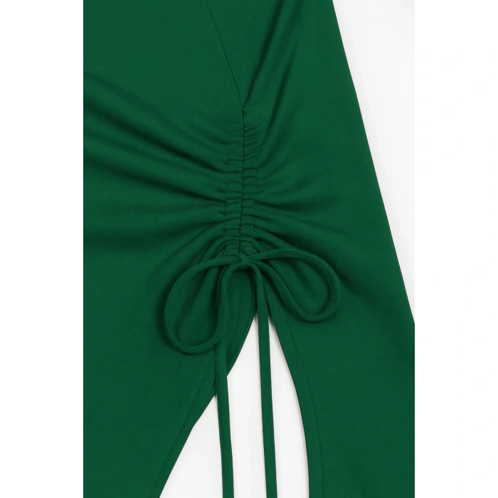 Kadın Yeşil Uzun İspanyol Kollu Asimetirik Yaka Yandan Bağlamalı Drapeli Bluz