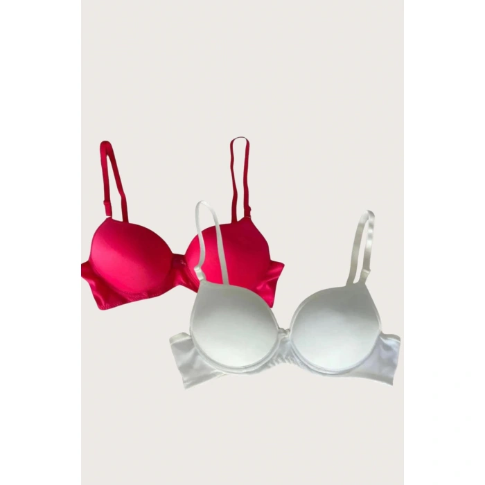 Kırmızı-beyaz 2li Mikro Kumaş Push Up Dolgulu Balenli Günlük Destekli Sütyen