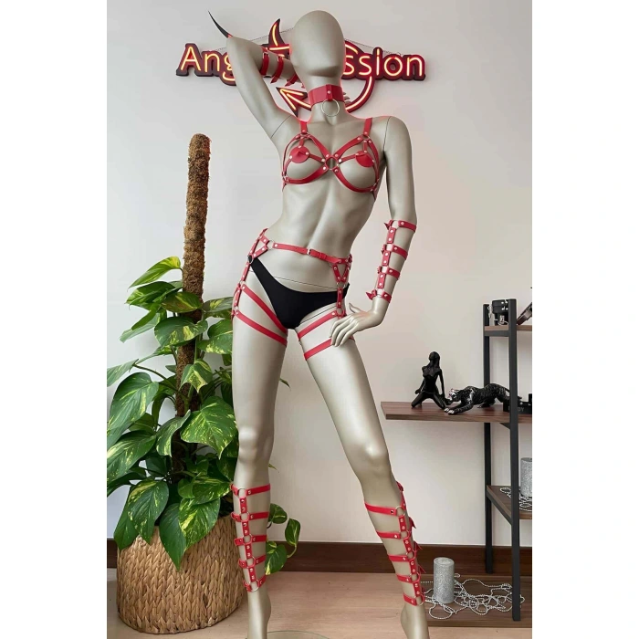 Kırmızı Deri Bacak Ve Kol Harness Detaylı Takım