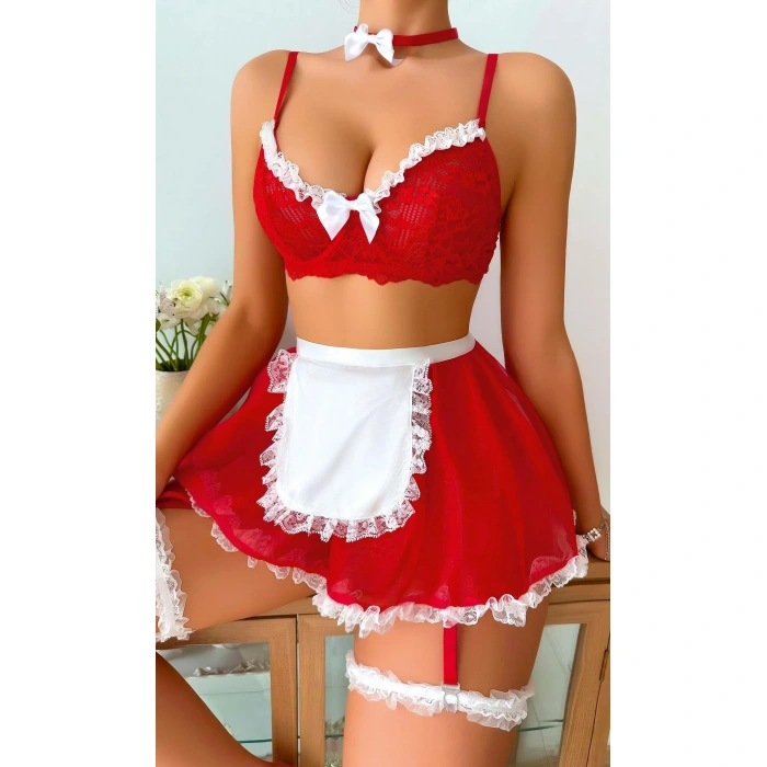 Kırmızı Tül Bacak Bantlı Etekli Fantazi Kadın Kostüm 3825