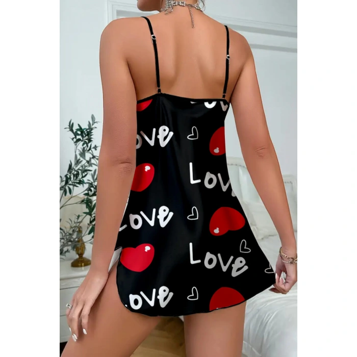 Love Desenli Saten Gecelik