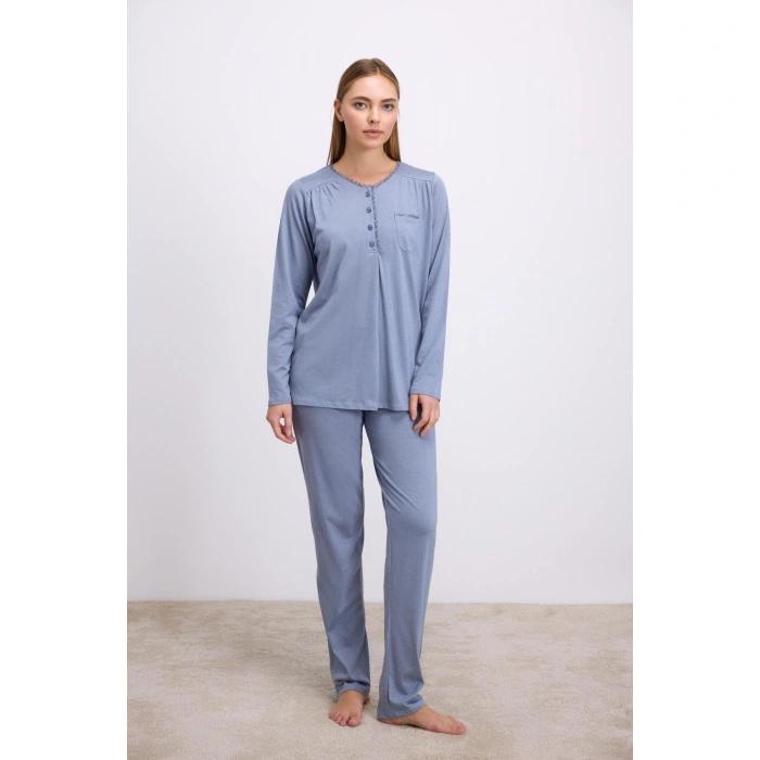 Modal Pamuklu Uzun Kollu Düğmeli 2li Pijama Takımı