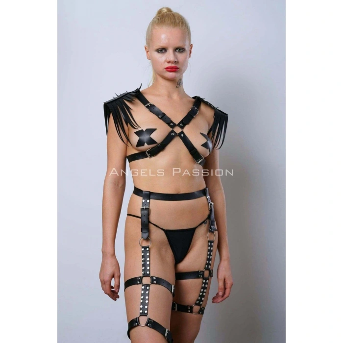 Omuzları Püsküllü Seksi Jartiyer Takım, Kırbaçlı Deri Jartiyer Takım - Brf1344